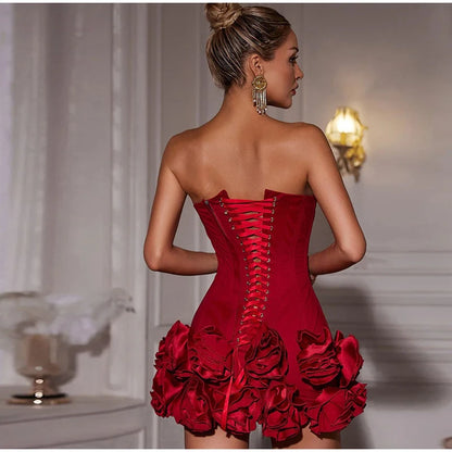 Party Dresses - Strapless Red Dress with Elegant Rosette Hem