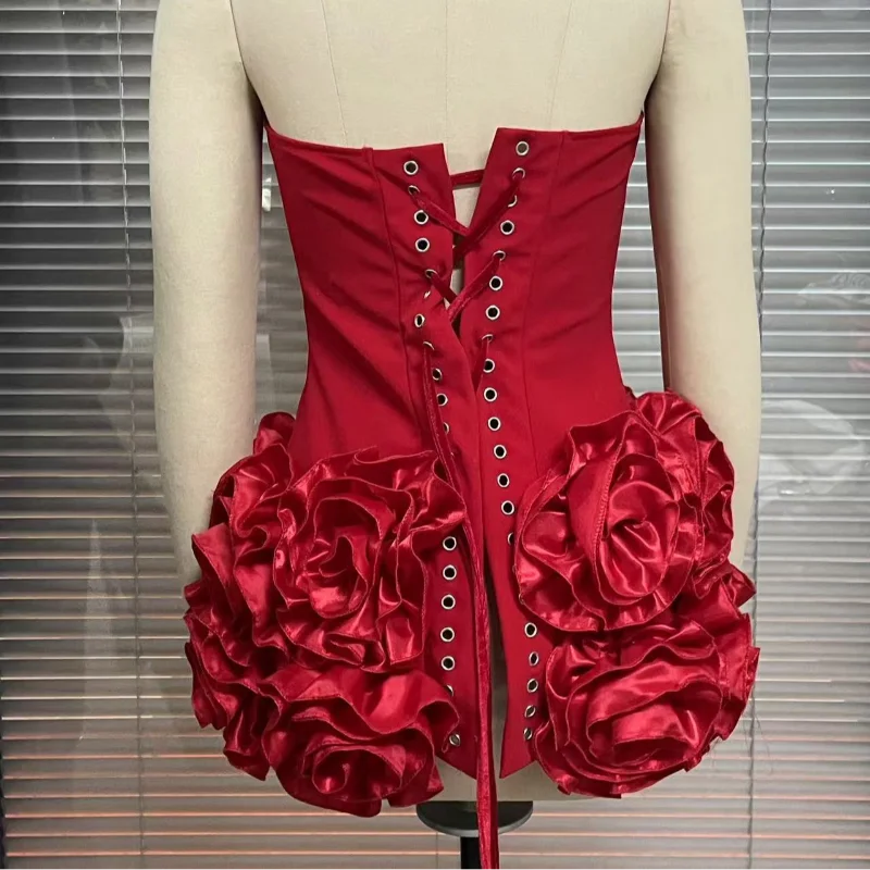 Party Dresses - Strapless Red Dress with Elegant Rosette Hem