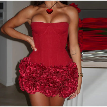 Party Dresses - Strapless Red Dress with Elegant Rosette Hem