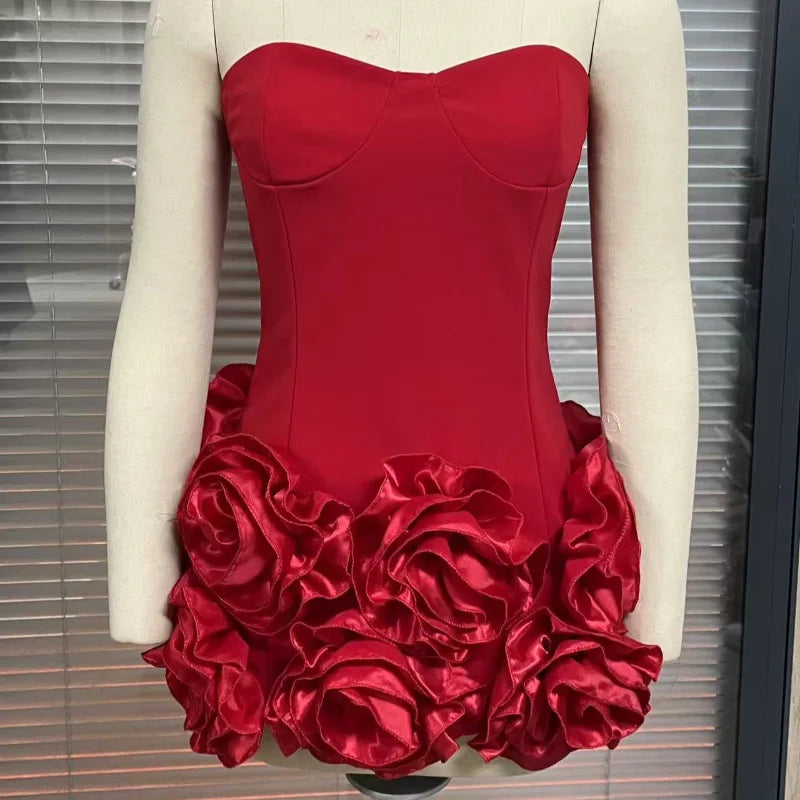 Party Dresses - Strapless Red Dress with Elegant Rosette Hem