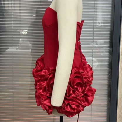 Party Dresses - Strapless Red Dress with Elegant Rosette Hem