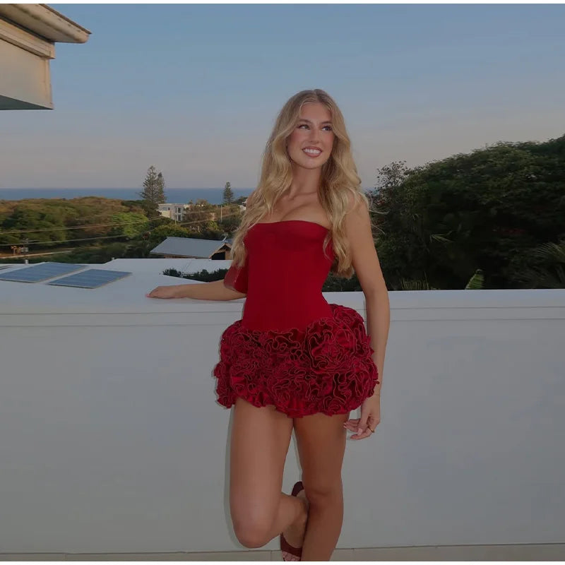 Party Dresses - Strapless Red Dress with Elegant Rosette Hem