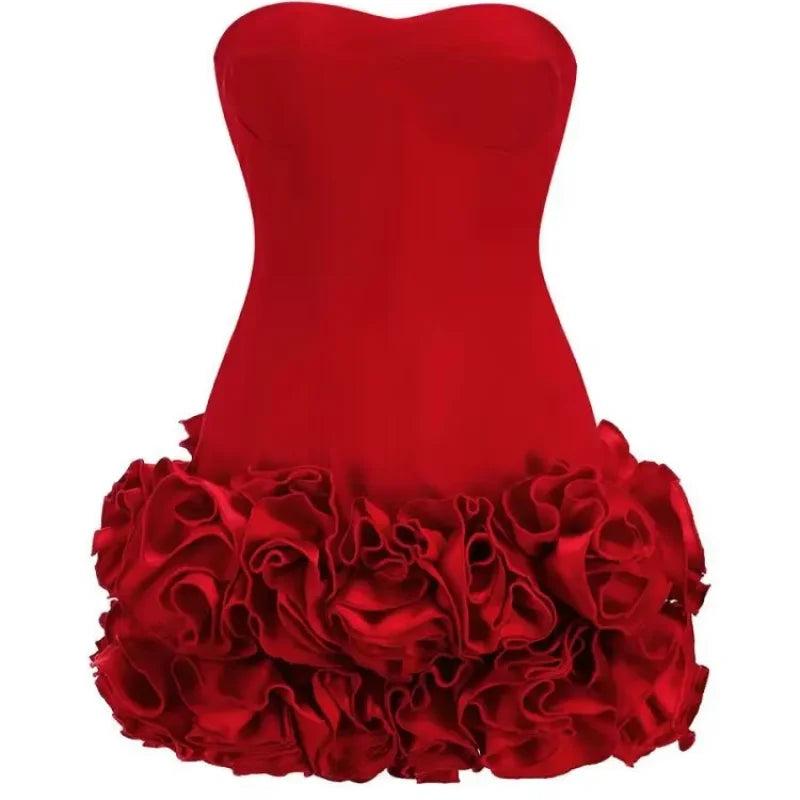 Party Dresses - Strapless Red Dress with Elegant Rosette Hem