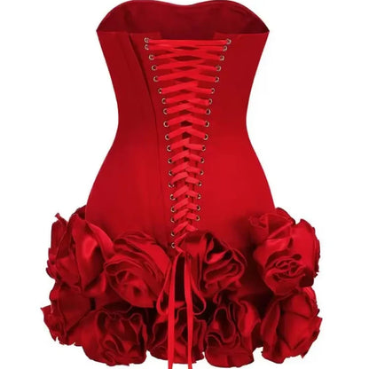 Party Dresses - Strapless Red Dress with Elegant Rosette Hem