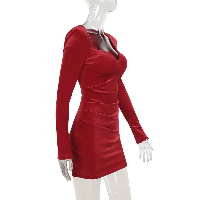 Party Dresses- Velvet Ruched Evening Velour Party Dress