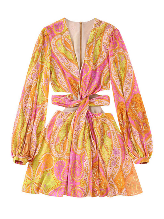 Party Dresses- Vibrant Paisley Print Dress- Yellow- Pekosa Women Fashion