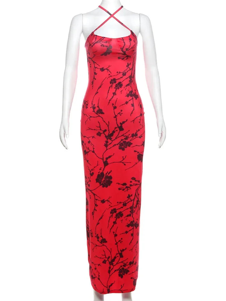 Party Dresses- Women Red Floral Body-Hugging Dress for Elegant Evenings- - Pekosa Women Fashion