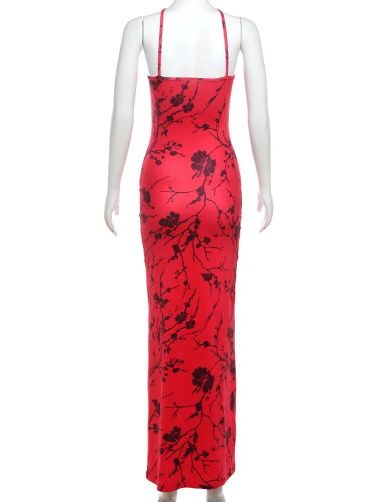 Party Dresses- Women Red Floral Body-Hugging Dress for Elegant Evenings- - Pekosa Women Fashion