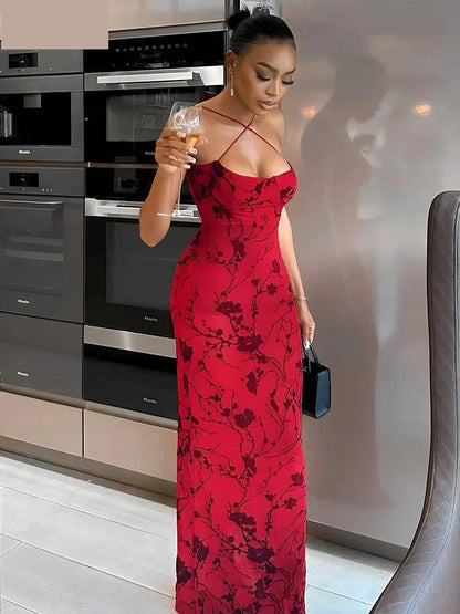 Party Dresses- Women Red Floral Body-Hugging Dress for Elegant Evenings- - Pekosa Women Fashion