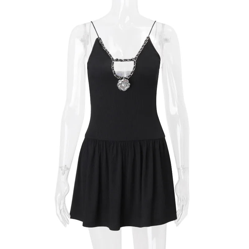 Party Dresses- Women Skater Cutout Mini Dress with Decorative Chain- - Pekosa Women Fashion