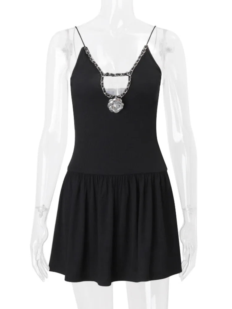 Party Dresses- Women Skater Cutout Mini Dress with Decorative Chain- Black- Pekosa Women Fashion