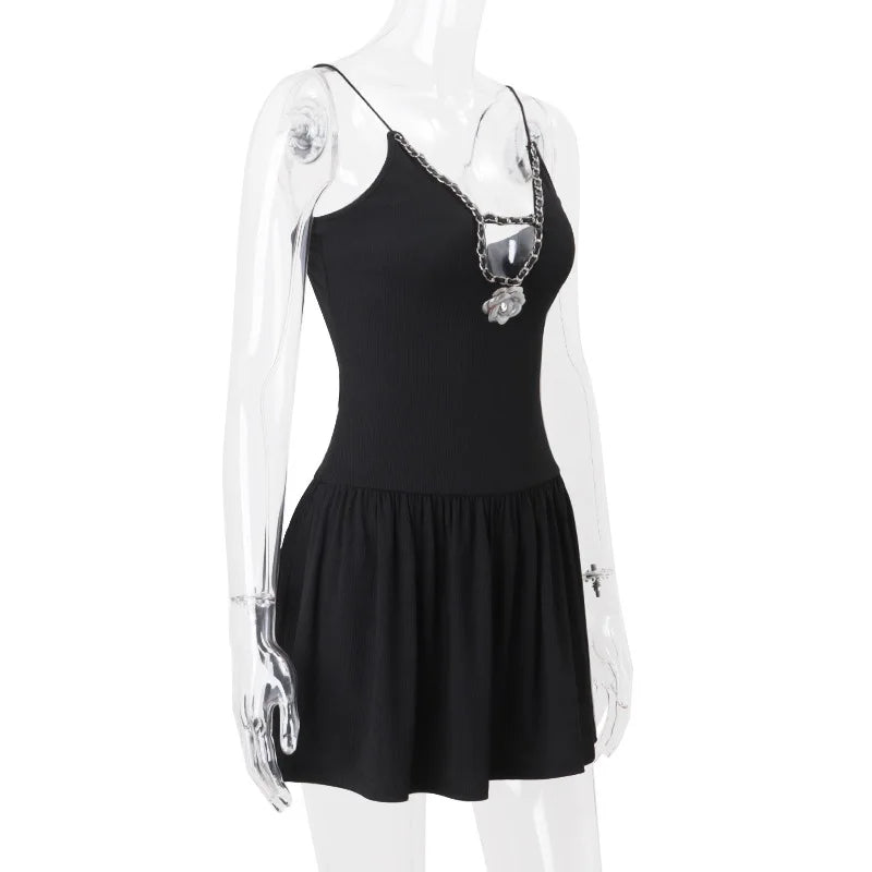 Party Dresses- Women Skater Cutout Mini Dress with Decorative Chain- - Pekosa Women Fashion