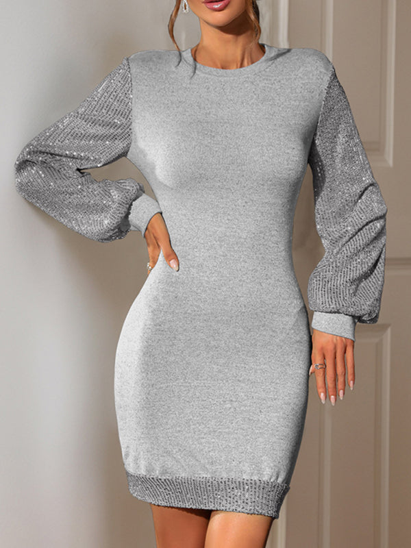 Party Winter Dress - Sequin Sleeve Cocktail Sweater Dress