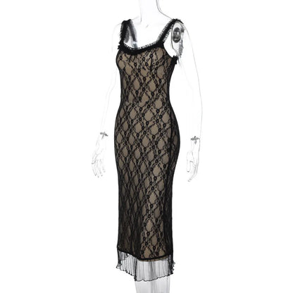 Party dresses- Elegant Bodycon Midi Dress with Mesh Overlay and Frills- - Pekosa Women Clothing