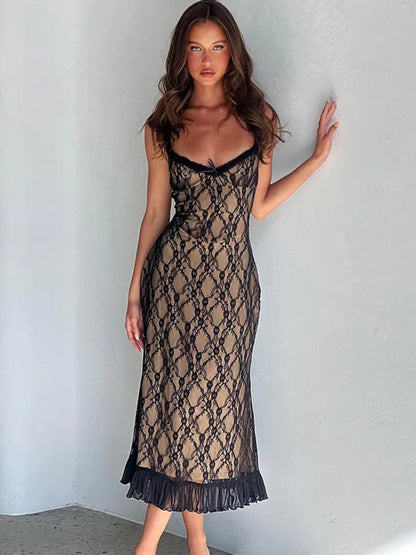 Party dresses- Elegant Bodycon Midi Dress with Mesh Overlay and Frills- Black- Pekosa Women Clothing