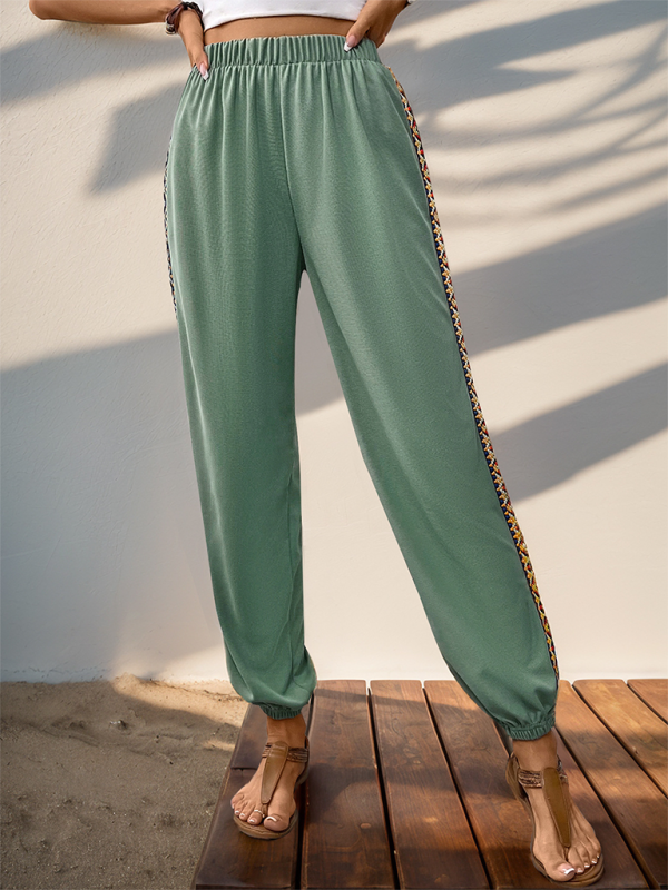 Pencil Pants- Women Boho Pencil Pants with Tribal Accents- Green- Pekosa Women Fashion