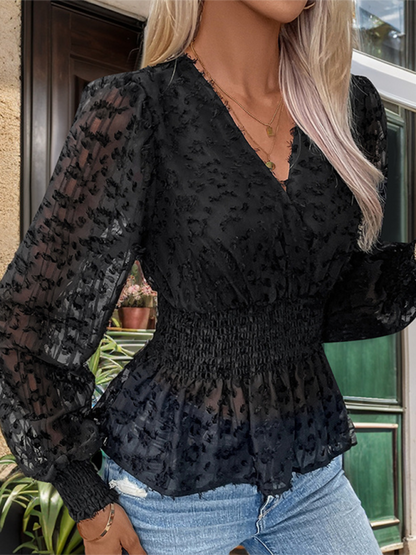 Peplum Blouse - Sheer Lace Black Peplum Blouse with Long Sleeves