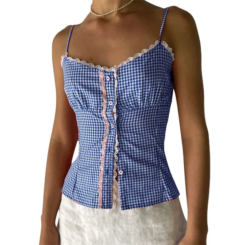 Plaid Camis - Gingham Cami Plaid Top for Summer Festivals