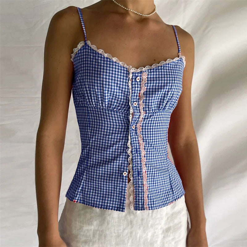 Plaid Camis - Gingham Cami Plaid Top for Summer Festivals