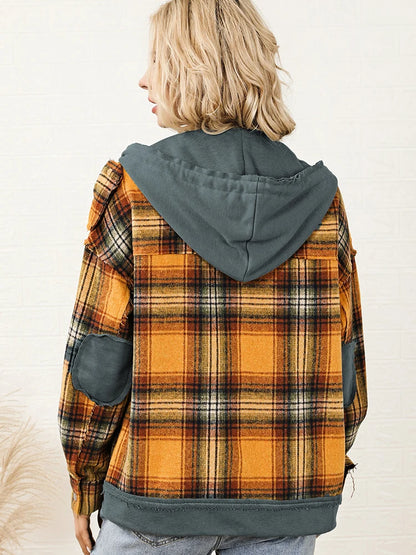 Plaid Jackets - Orange Plaid Hooded Jacket Snap Button Elbow Pads