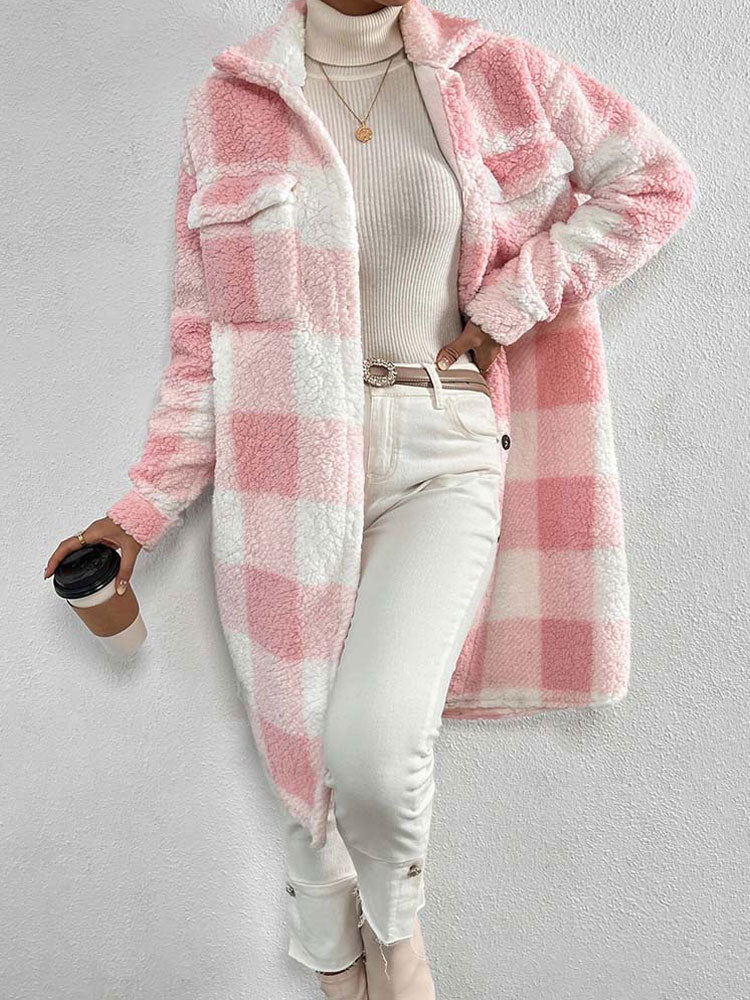 Plaid Plush Jackets- Faux Fur Plaid Longline Coat Jacket- - Pekosa Women Clothing