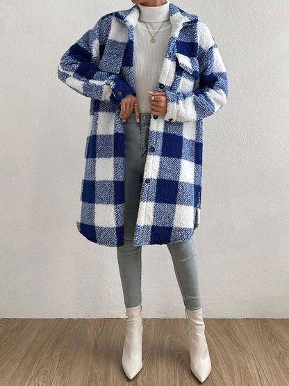 Plaid Plush Jackets- Faux Fur Plaid Longline Coat Jacket- - Pekosa Women Clothing