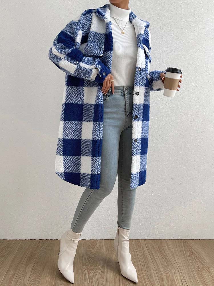 Plaid Plush Jackets- Faux Fur Plaid Longline Coat Jacket- - Pekosa Women Clothing