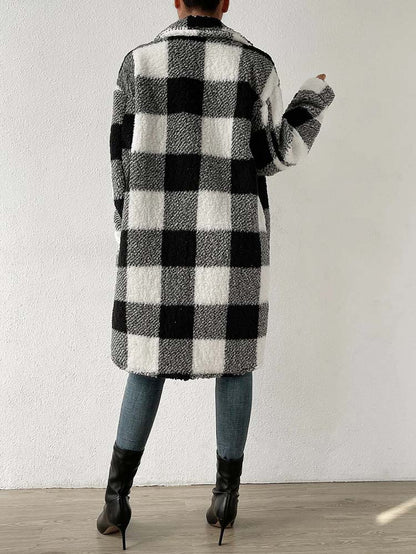 Plaid Plush Jackets- Faux Fur Plaid Longline Coat Jacket- - Pekosa Women Clothing