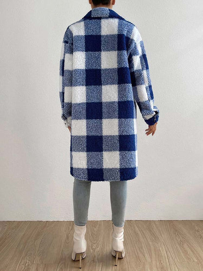 Plaid Plush Jackets- Faux Fur Plaid Longline Coat Jacket- - Pekosa Women Clothing