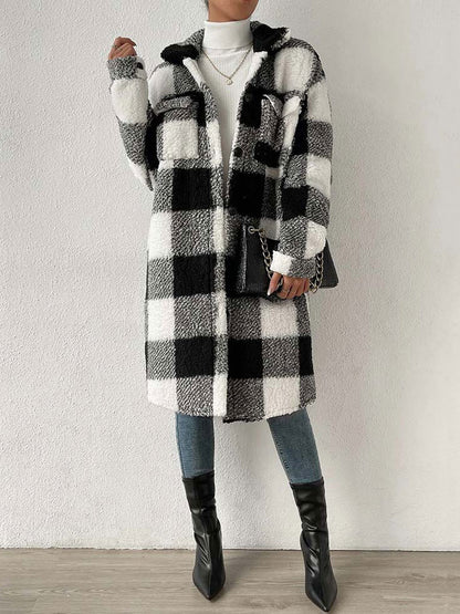 Plaid Plush Jackets- Faux Fur Plaid Longline Coat Jacket- - Pekosa Women Clothing