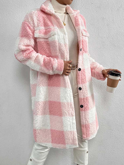 Plaid Plush Jackets- Faux Fur Plaid Longline Coat Jacket- - Pekosa Women Clothing