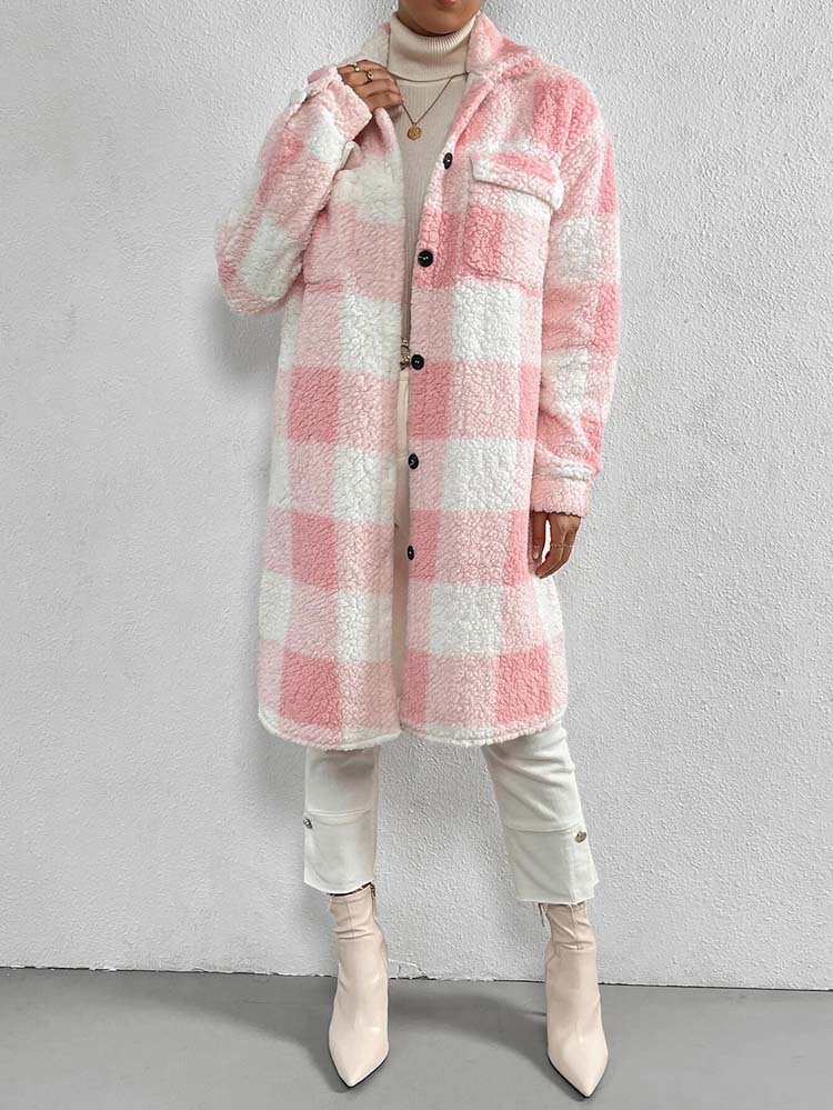 Plaid Plush Jackets- Faux Fur Plaid Longline Coat Jacket- - Pekosa Women Clothing