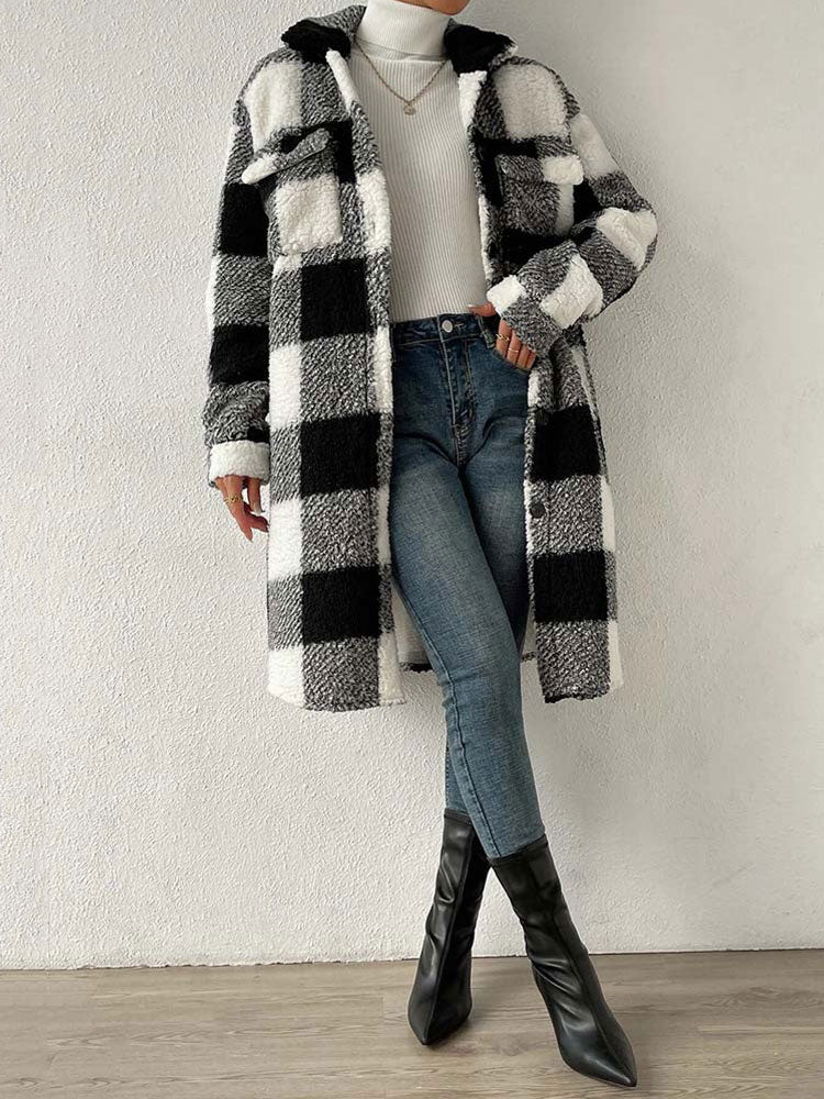 Plaid Plush Jackets- Faux Fur Plaid Longline Coat Jacket- - Pekosa Women Clothing