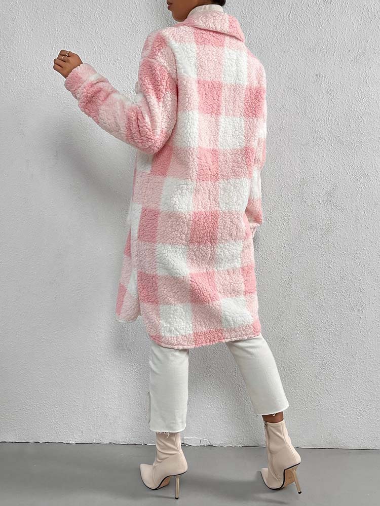 Plaid Plush Jackets- Faux Fur Plaid Longline Coat Jacket- - Pekosa Women Clothing