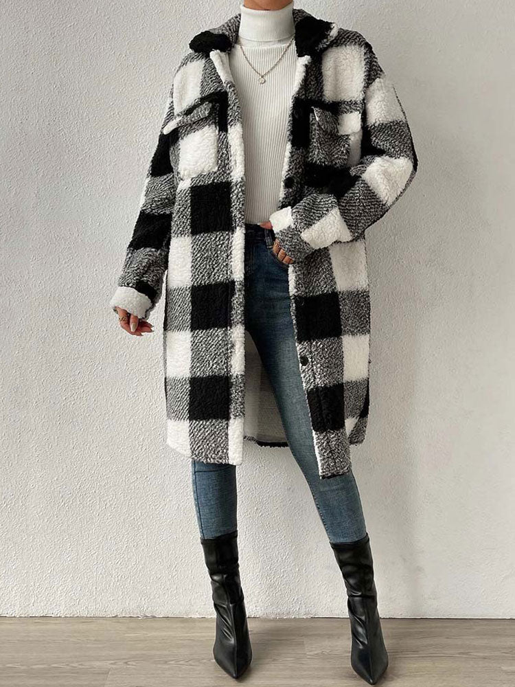 Plaid Plush Jackets- Faux Fur Plaid Longline Coat Jacket- - Pekosa Women Clothing