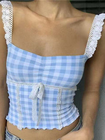 Plaid Tops- Romantic Lace Accented Plaid Cami - Women's Milkmaid Top- Blue- Chuzko Women Clothing