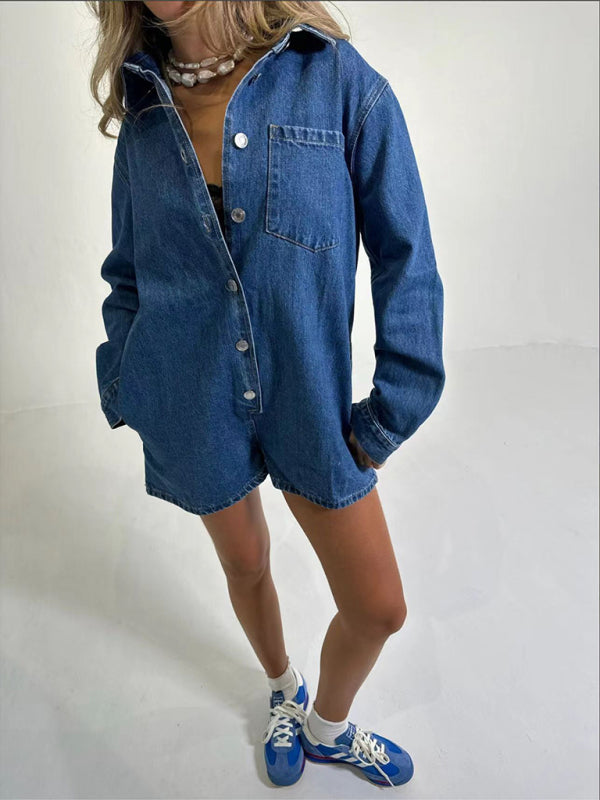 Playsuits - Denim Long-Sleeve Playsuit Romper for Women