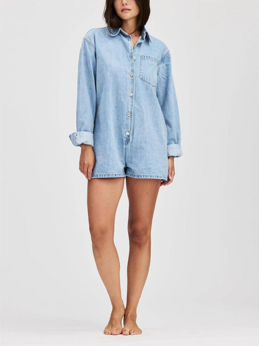 Playsuits - Denim Long-Sleeve Playsuit Romper for Women