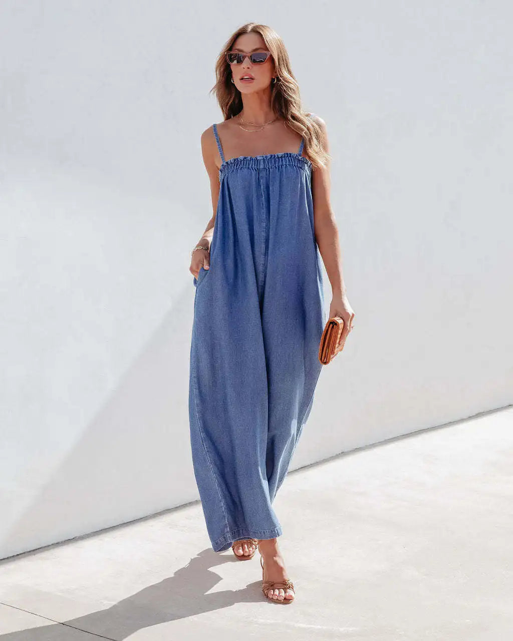 Playsuits- Full-Length Women Playsuit - Relaxed Denim Jumpsuit- - Chuzko Women Clothing