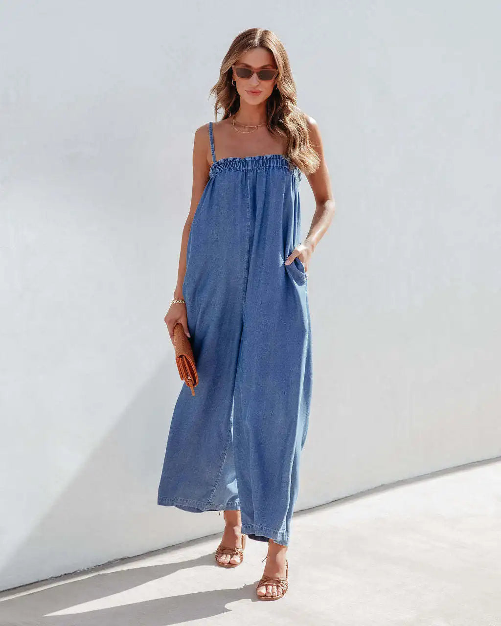 Playsuits- Full-Length Women Playsuit - Relaxed Denim Jumpsuit- - Chuzko Women Clothing