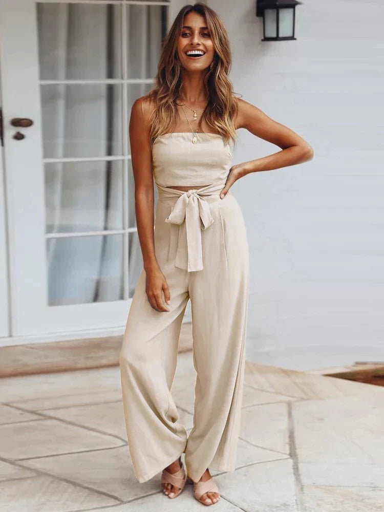 Playsuits- Strapless Bowknot Jumpsuit for Women - Wide-Leg Playsuit- Apricot- Pekosa Women Fashion