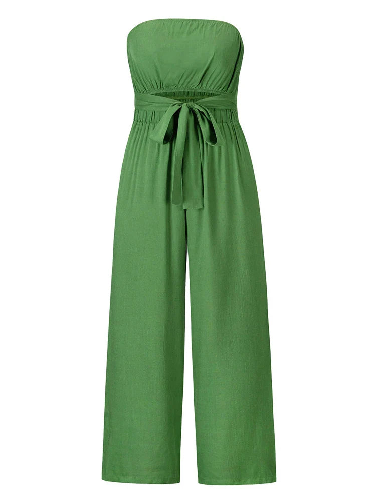 Playsuits- Strapless Bowknot Jumpsuit for Women - Wide-Leg Playsuit- - Pekosa Women Fashion