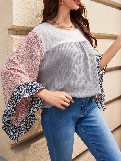 Plus Size Blouses - Chic Bell Sleeve Waffle Blouse in Plus Sizes