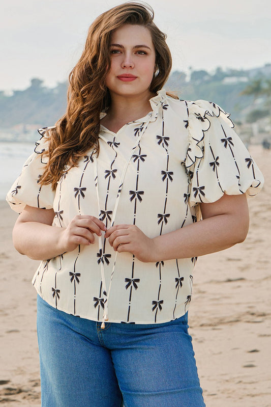 Plus Size Blouses & Shirts - Women's Casual Bow Print Blouse with Ruffle Accents