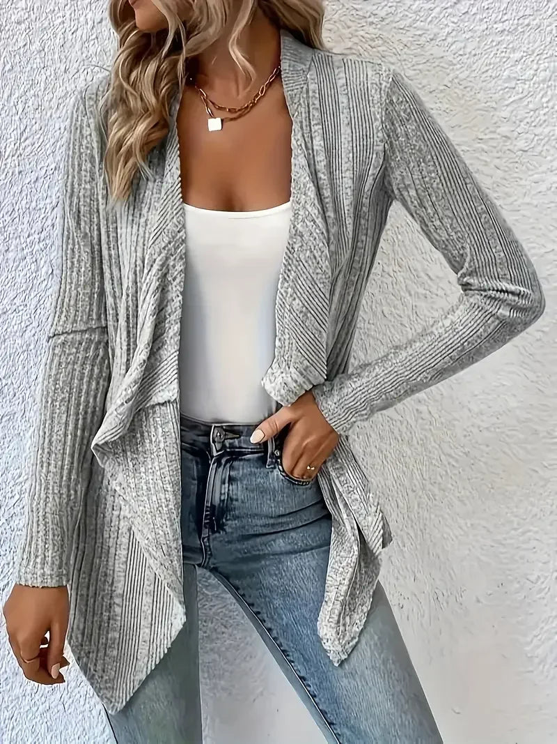 Plus Size Casual Tops - Plus Size 1XL-5XL Women's Long Sleeved Open Front Ribbed Cardigan