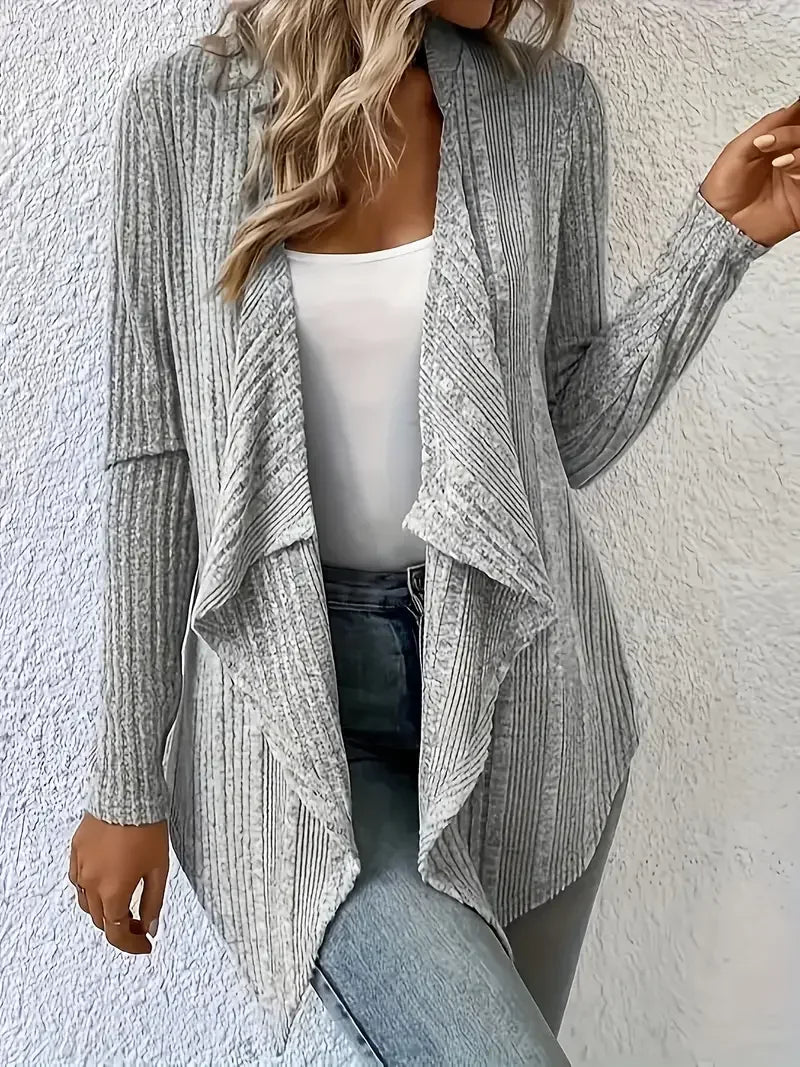 Plus Size Casual Tops - Plus Size 1XL-5XL Women's Long Sleeved Open Front Ribbed Cardigan