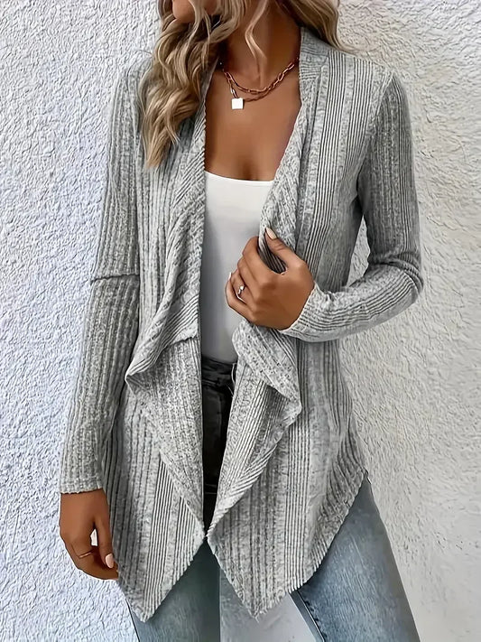 Plus Size Casual Tops - Plus Size 1XL-5XL Women's Long Sleeved Open Front Ribbed Cardigan