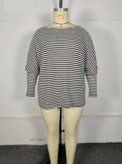 Plus Size Casual Tops - Plus Size Leg-of-Mutton Sleeve on Striped Casual Tops