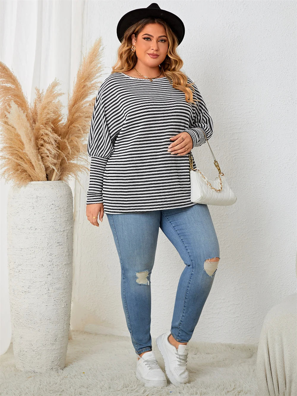 Plus Size Casual Tops - Plus Size Leg-of-Mutton Sleeve on Striped Casual Tops