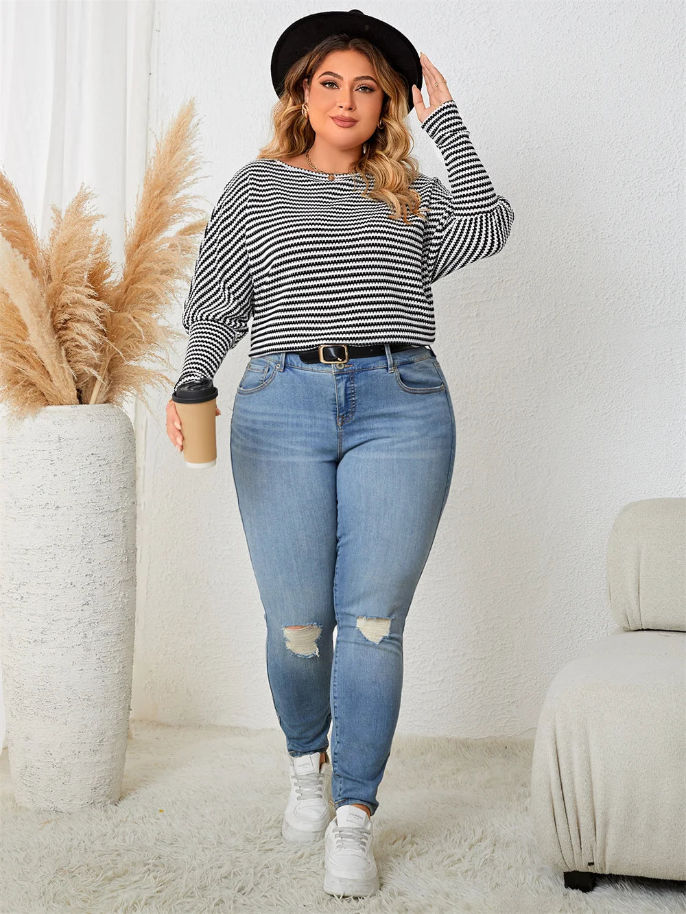 Plus Size Casual Tops - Plus Size Leg-of-Mutton Sleeve on Striped Casual Tops